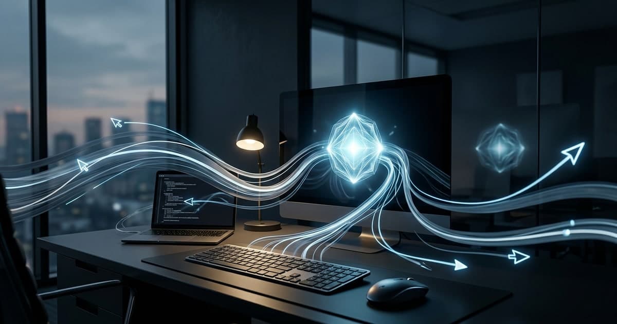 Abstract office workstation with data trails showing anonymized cursor and keyboard activity feeding an AI model
