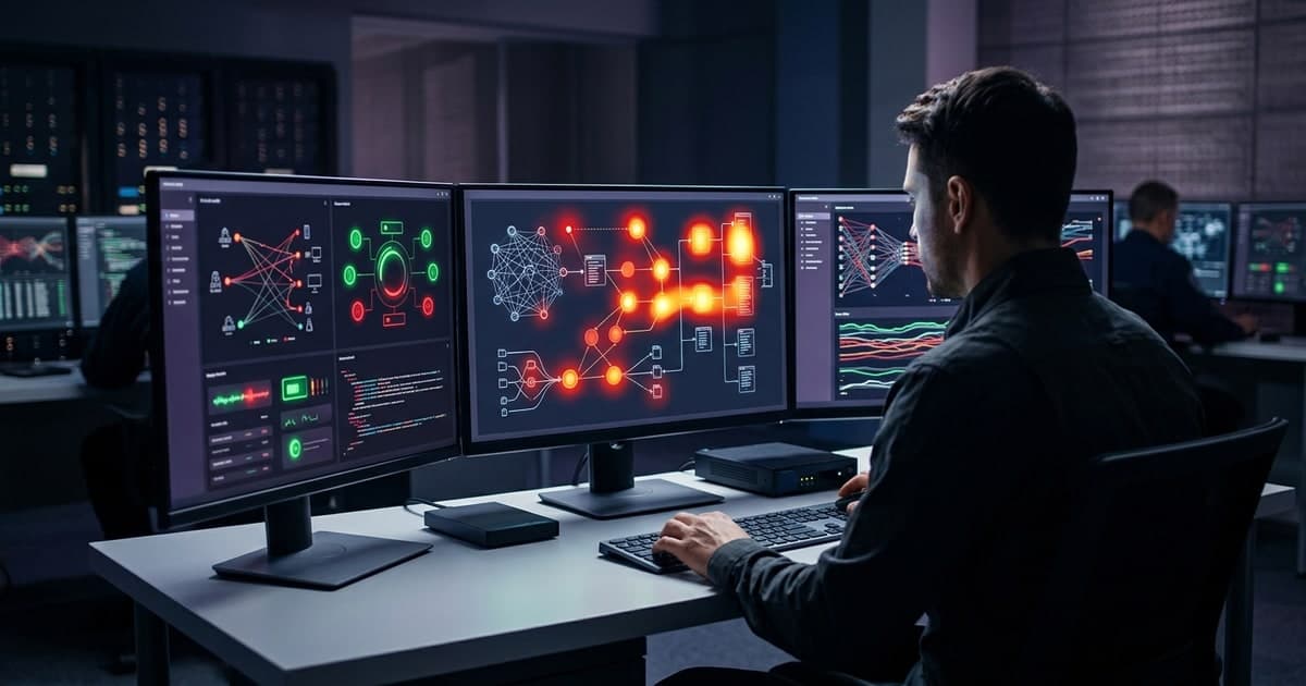 Security analyst reviewing AI coding agent toolchains and MCP connections inside a modern IDE environment with threat alerts