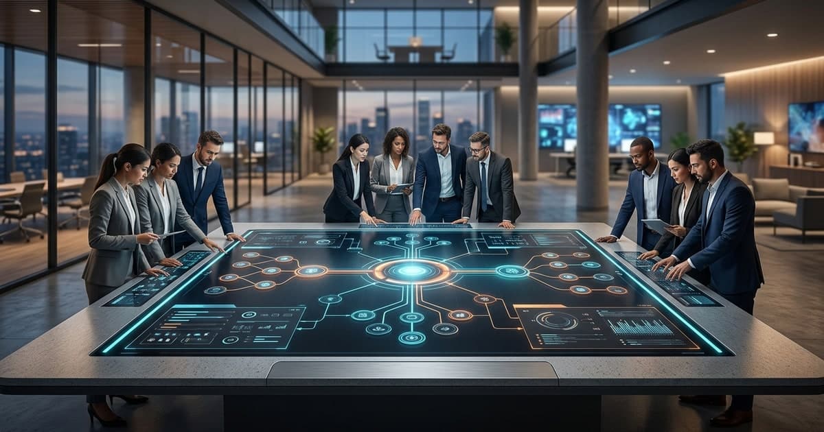Enterprise operations team reviewing AI agent workflows on a central platform dashboard