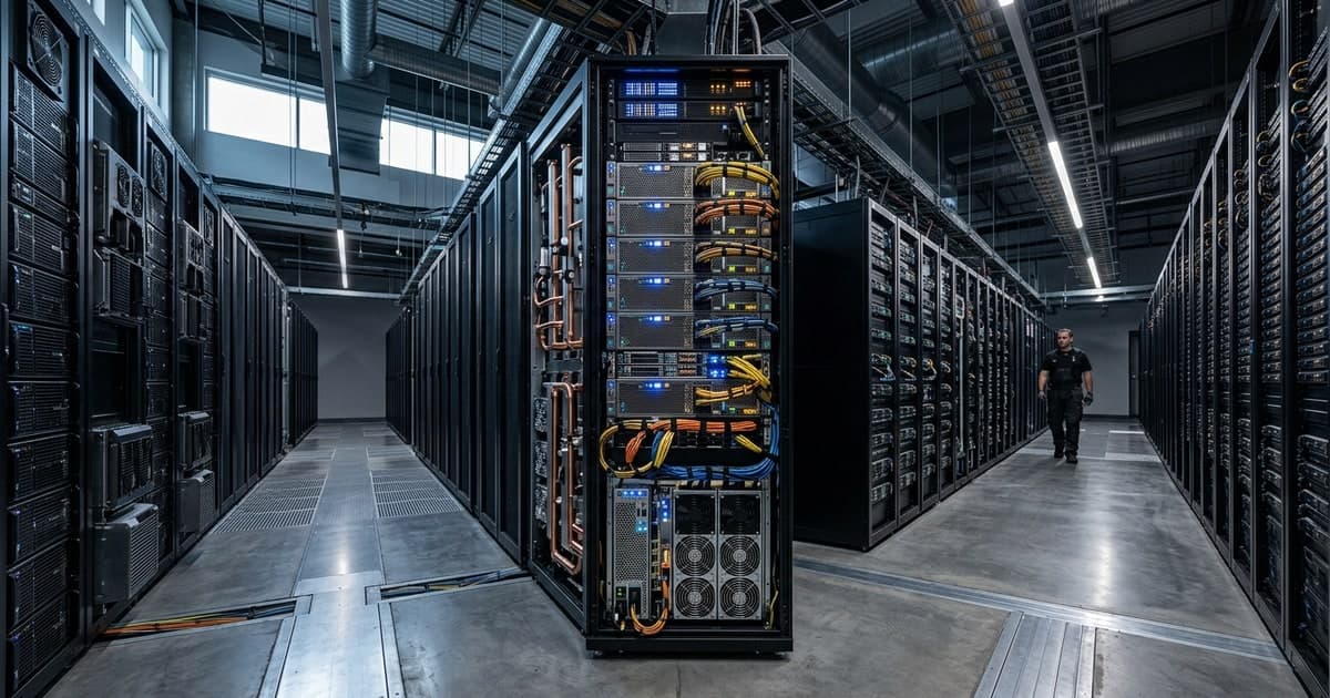 Modern AI data center with two distinct accelerator clusters representing training and inference workloads