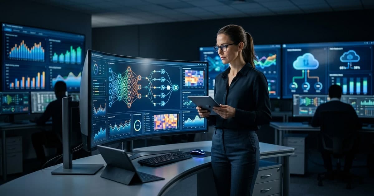 Enterprise operations command center showing coordinated AI agent workflows across cloud and service management systems