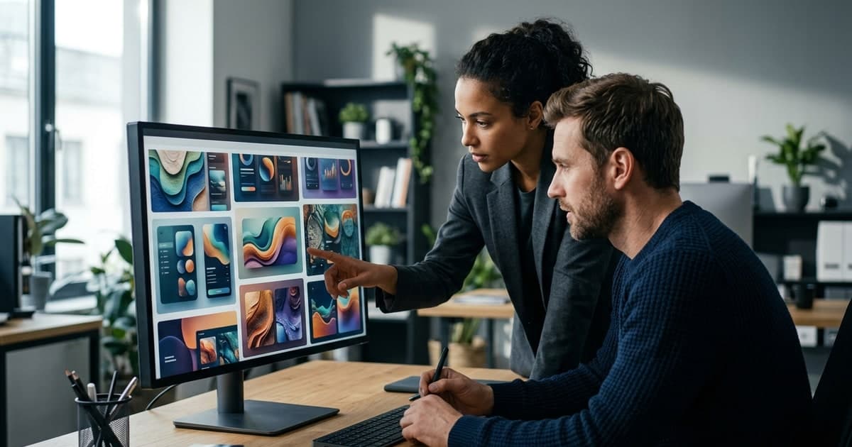 Editorial illustration of an AI image generation interface producing detailed design mockups