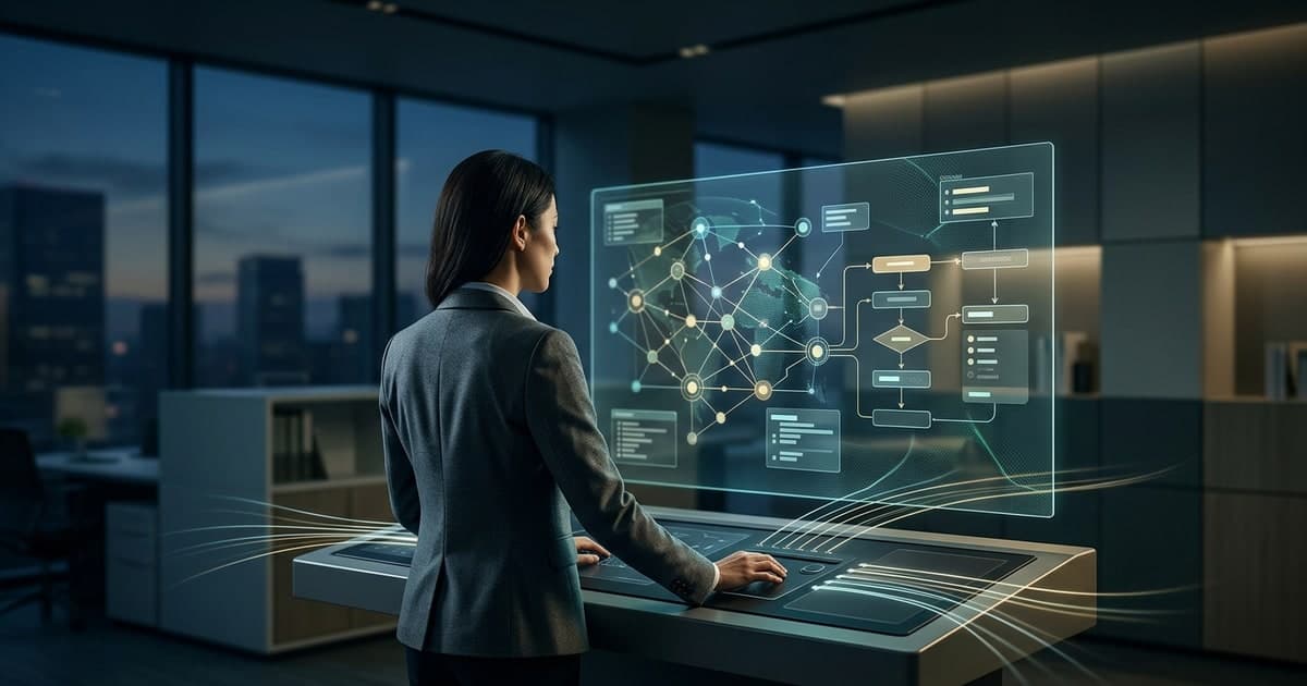 Visual metaphor of a persistent AI operations dashboard coordinating ongoing tasks