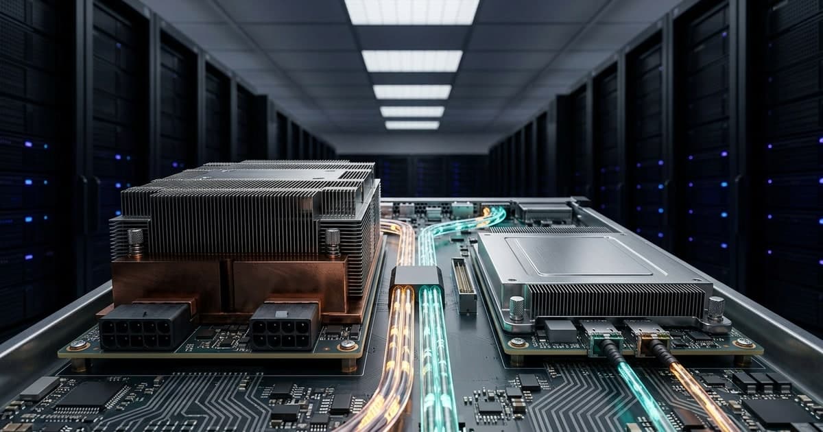 Split AI chip architecture visual with one training processor and one inference processor connected by data pipelines in a modern enterprise cloud environment