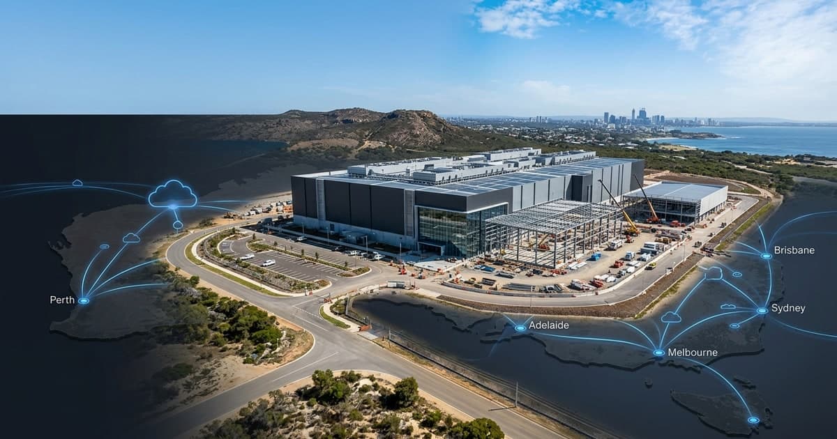 Large-scale cloud and AI infrastructure buildout in Australia with data center clusters, network routes, and enterprise operations planning context