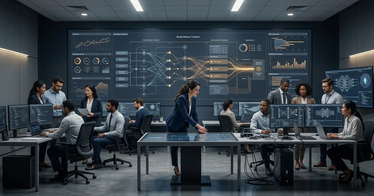 Enterprise AI operations center tracking model release cadence, governance checks, and coding workflow telemetry in real time