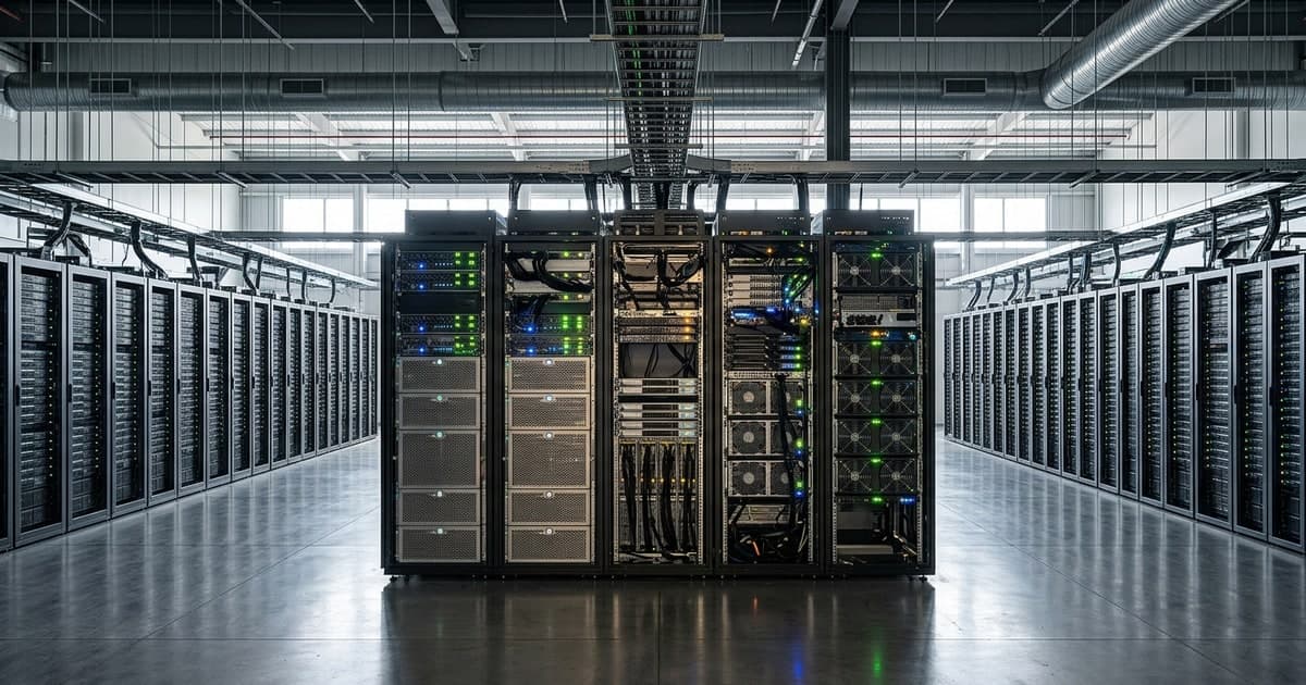 Hyperscale AI infrastructure floor with mixed CPU and GPU compute clusters connected by cloud networking lanes