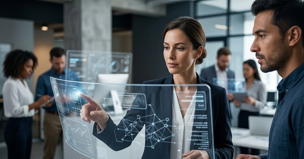 Editorial illustration of enterprise teams coordinating AI workspace agents across shared dashboards and collaboration tools in a modern operations environment