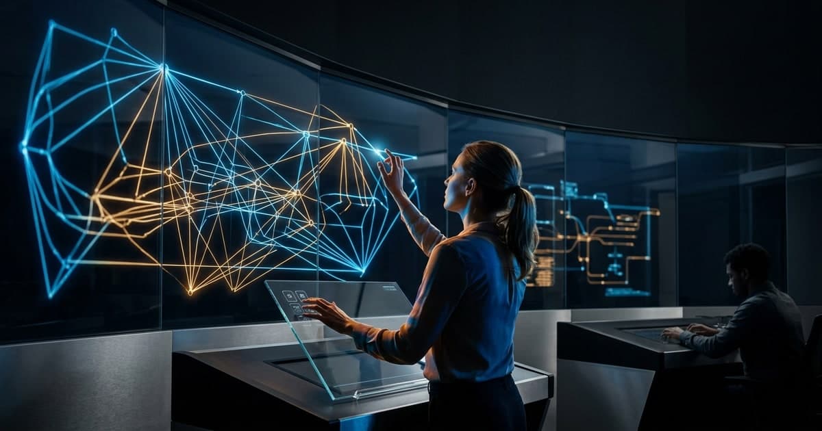 Editorial illustration of a security operations team reviewing software dependency graphs and vulnerability signals across AI developer workflows