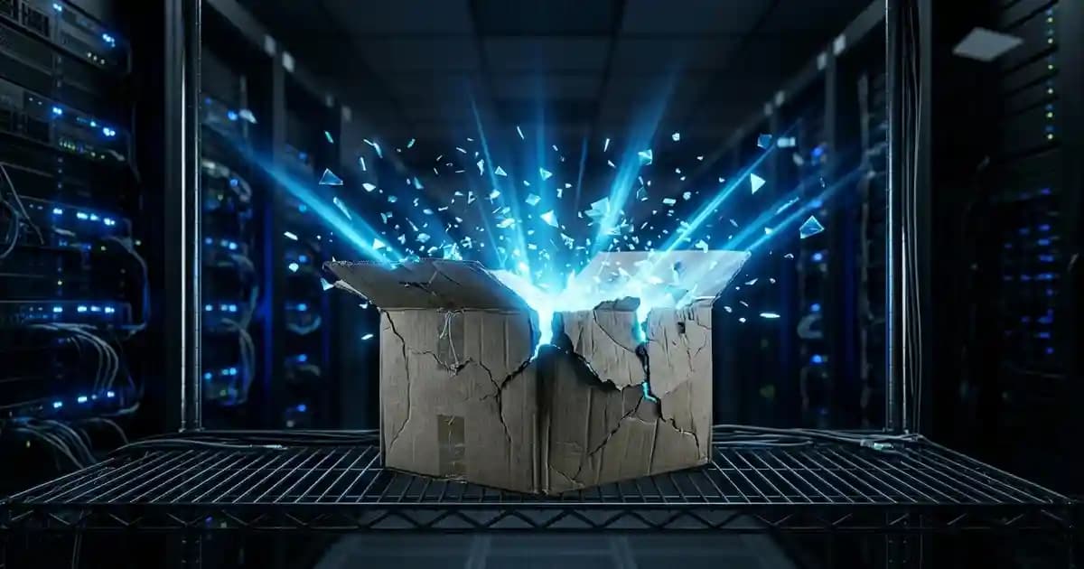 Cracked software package in a server room releasing abstract blue light