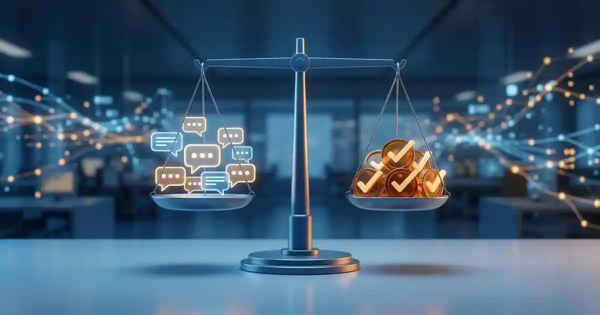 Balanced digital scale representing pay for AI results in customer operations