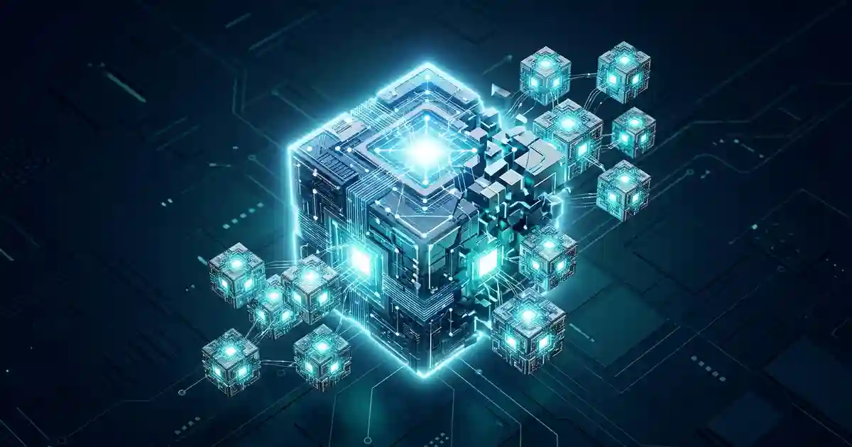 Abstract image of a large AI model being compressed into efficient blocks