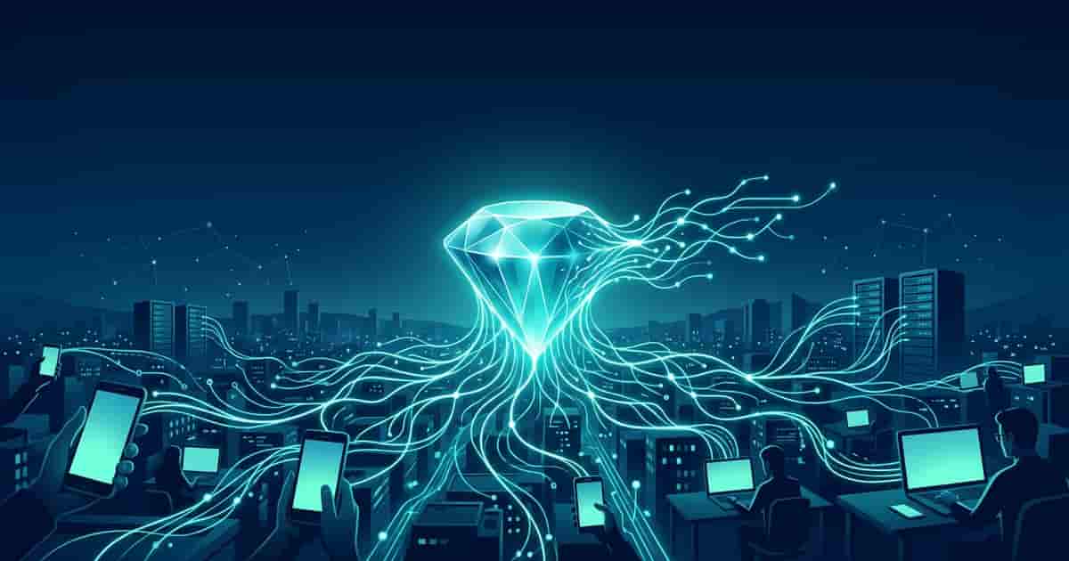 Illustration of a glowing gemstone turning into an AI network flowing from devices to cloud infrastructure
