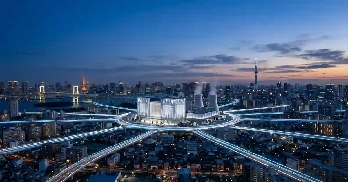 Aerial cityscape of Japan with glowing data network lines and a central AI compute hub