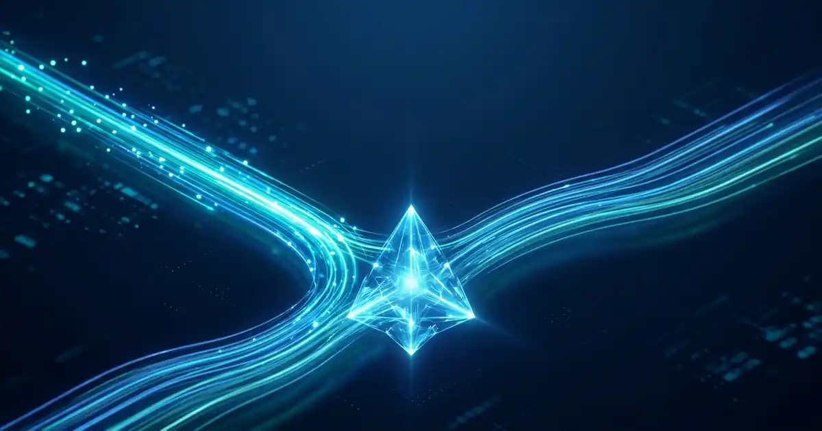 Abstract cloud routing map with two AI request lanes, one low-cost lane and one high-reliability lane, converging into a central model endpoint