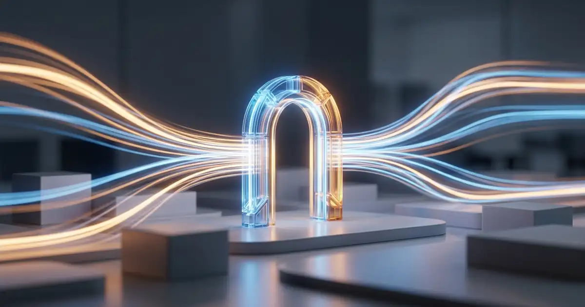 Abstract software workspace with multiple AI agent threads converging into a central code review lane