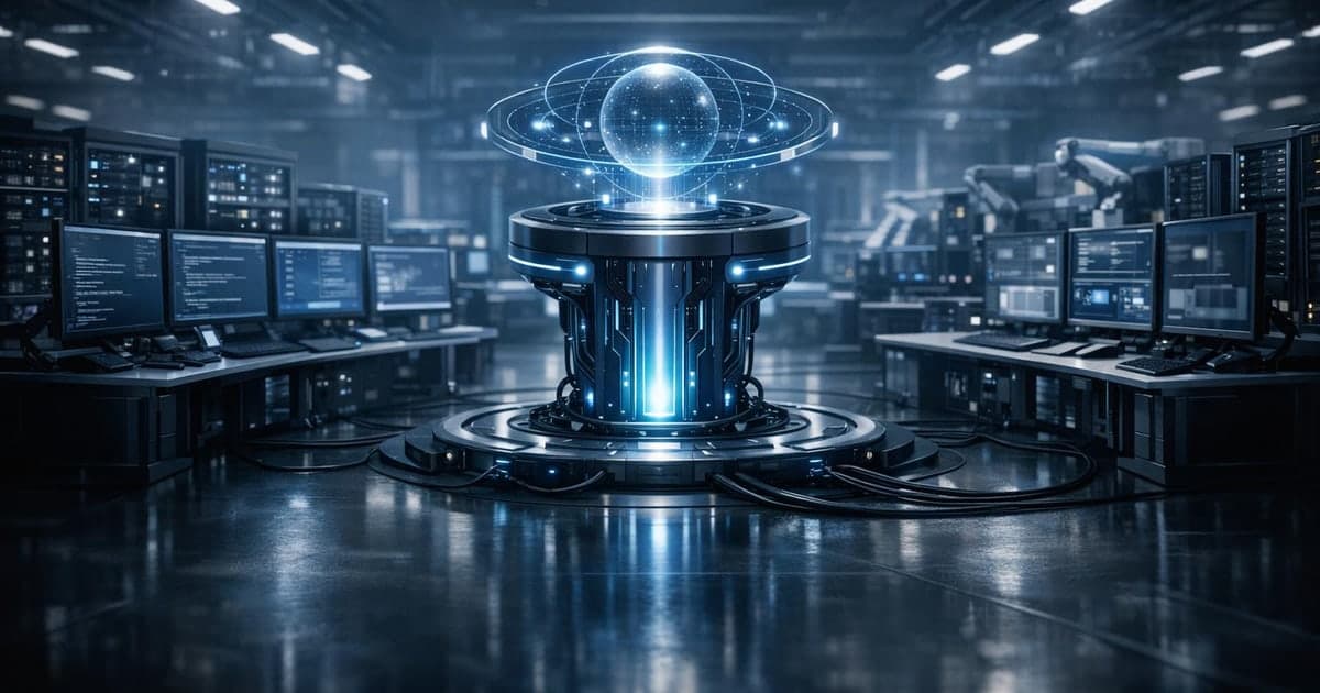 Software engineering workspace with a central AI assistant hub connected to code, tools, and deployment lanes