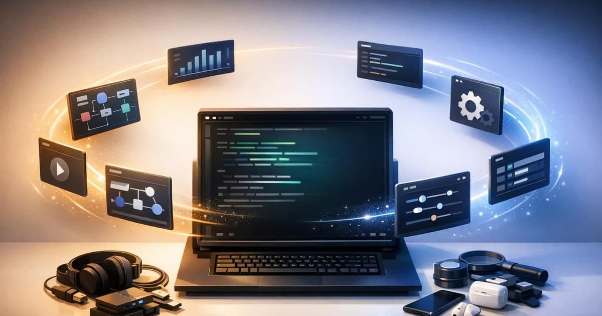 Coding agent workspace with a plugin directory panel and reusable workflow modules arranged around a central terminal