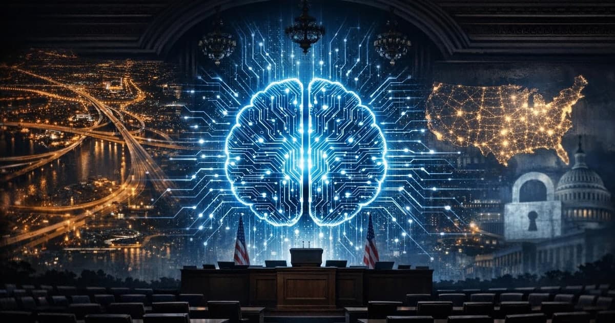 Capitol style policy chamber with digital AI circuitry flowing into legislative documents and infrastructure maps