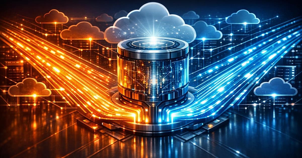Two distinct AI request lanes, one flexible and one priority, flowing into a central inference core inside a cloud network
