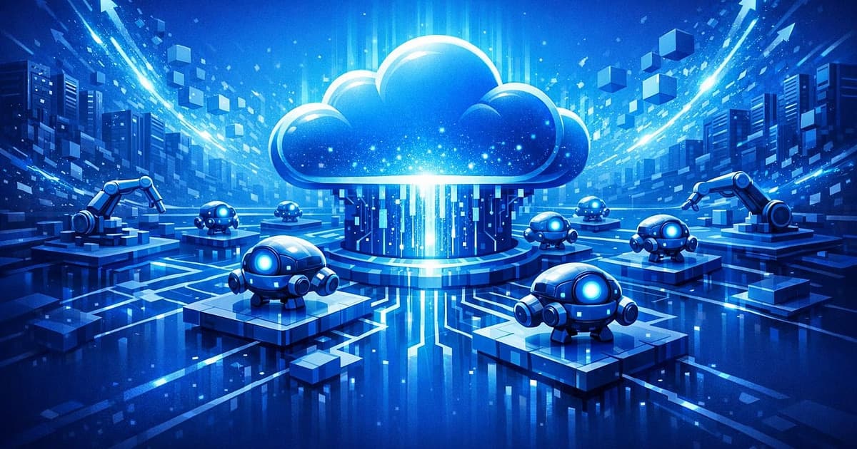 Ocean-blue cloud infrastructure evolving into coordinated autonomous software agents across a developer platform