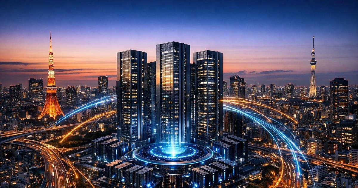Tokyo skyline at dusk with glowing data routes and large AI compute hubs representing long-term infrastructure investment