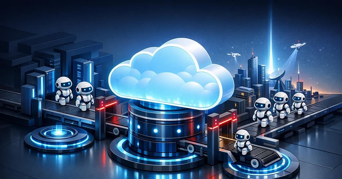 A production cloud pipeline guiding multiple AI agents from orchestration to live deployment in a clean blue environment