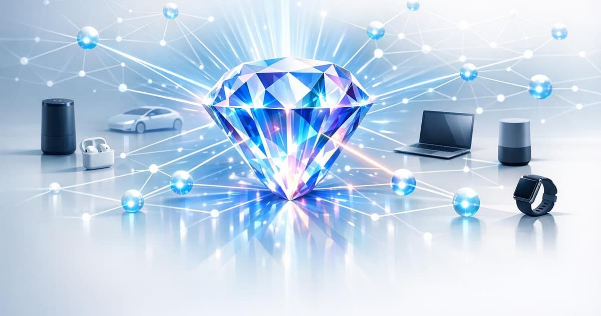 A luminous faceted gem radiating AI model connections into everyday devices and open network nodes