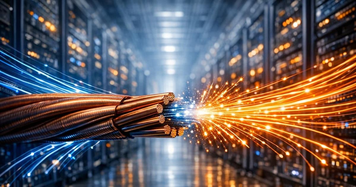 Copper cables transitioning into bright fiber-optic light paths inside a high-performance AI server corridor