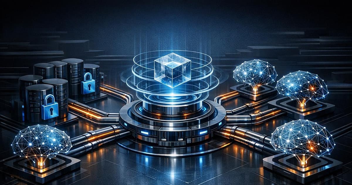 A central enterprise orchestration hub linking secure data stores to multiple large-model endpoints through governed pipelines