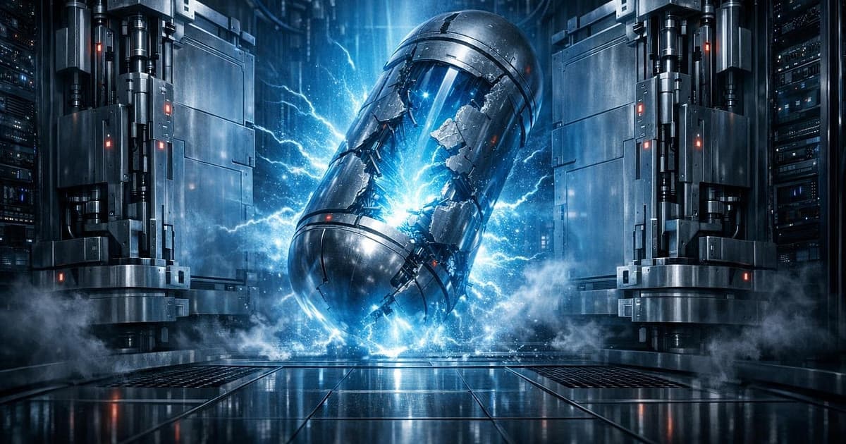 A damaged code capsule releasing bright light inside a secure server room while containment systems close around it