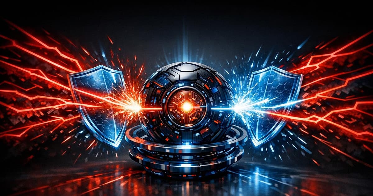 Red attacker pathways and blue defensive shields colliding around an autonomous agent control node in a research setting