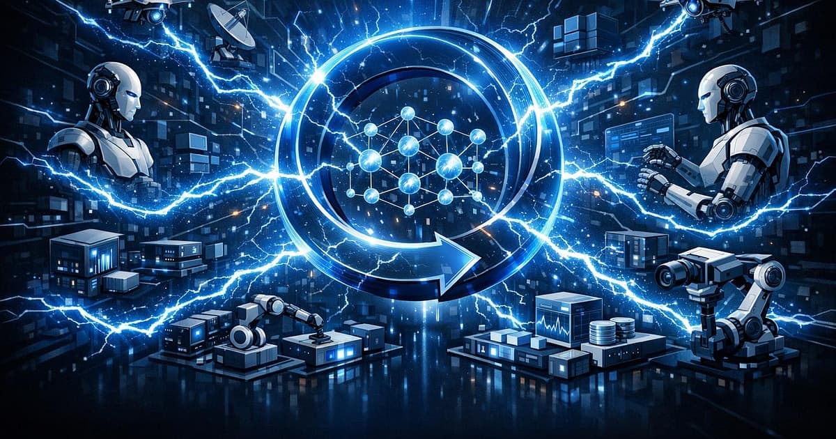 Multiple AI agents feeding signals into one training loop with lightning-like optimization paths and no code rewrite imagery