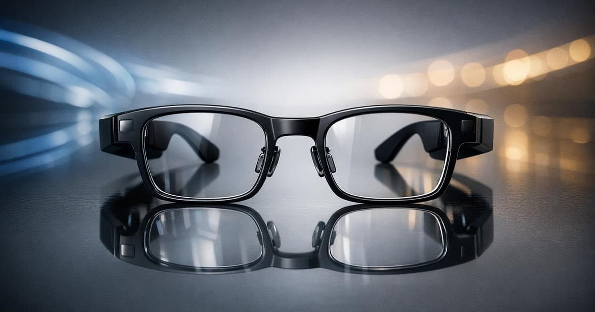 Premium prescription-ready smart glasses on a clean surface with subtle AI light reflections and product-shot clarity