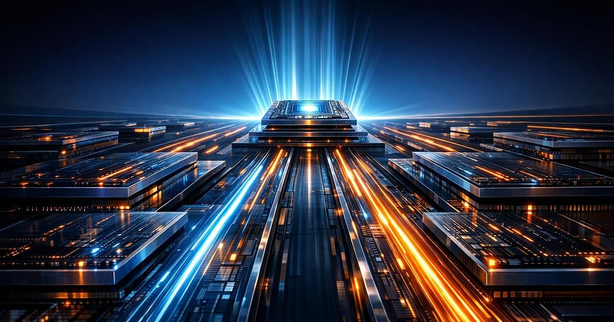 Parallel compute lanes accelerating toward one output chip to represent faster AI inference under load