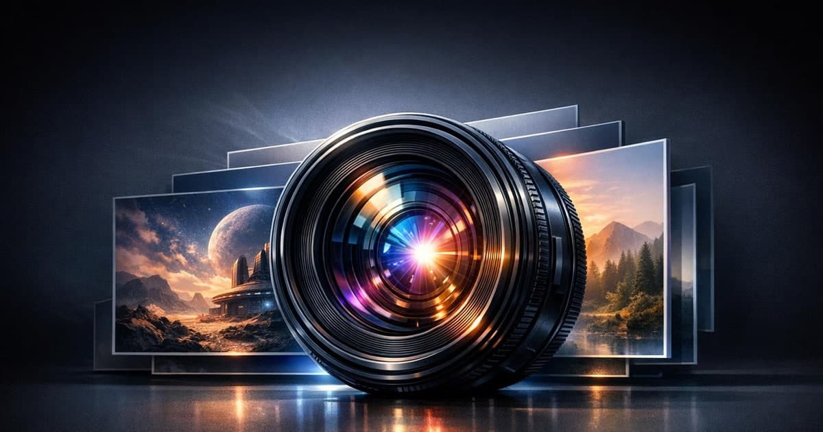 Photoreal image generation scene with layered picture frames, camera optics, and luminous drafting light in a clean editorial composition