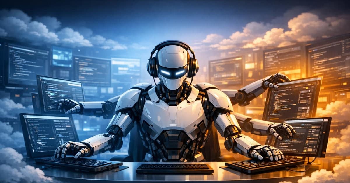 Autonomous coding agent scene with parallel job lanes, code review windows, and a clean cloud workstation glowing in blue and amber light