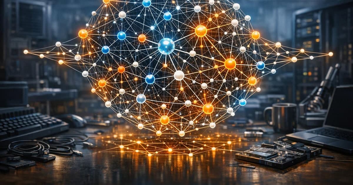 Large code graph floating over a repository workspace with agent tooling panels and bright connection lines in a precise technical scene
