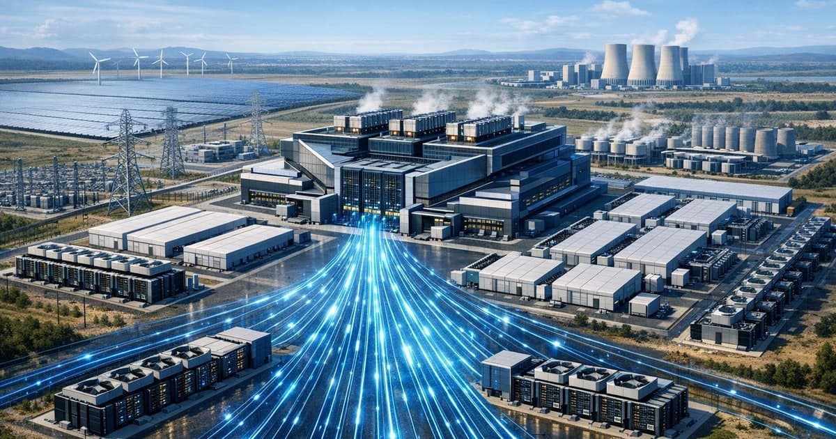 Massive AI compute campus with glowing accelerator racks, utility-scale power lines, and cloud data lanes converging on a central facility