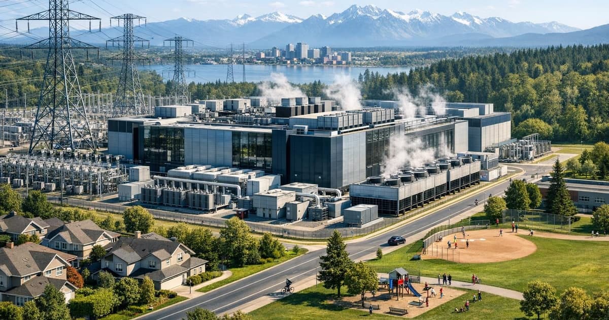 Canadian AI data center campus with transmission lines, cooling systems, and nearby neighborhoods connected by clear civic infrastructure paths