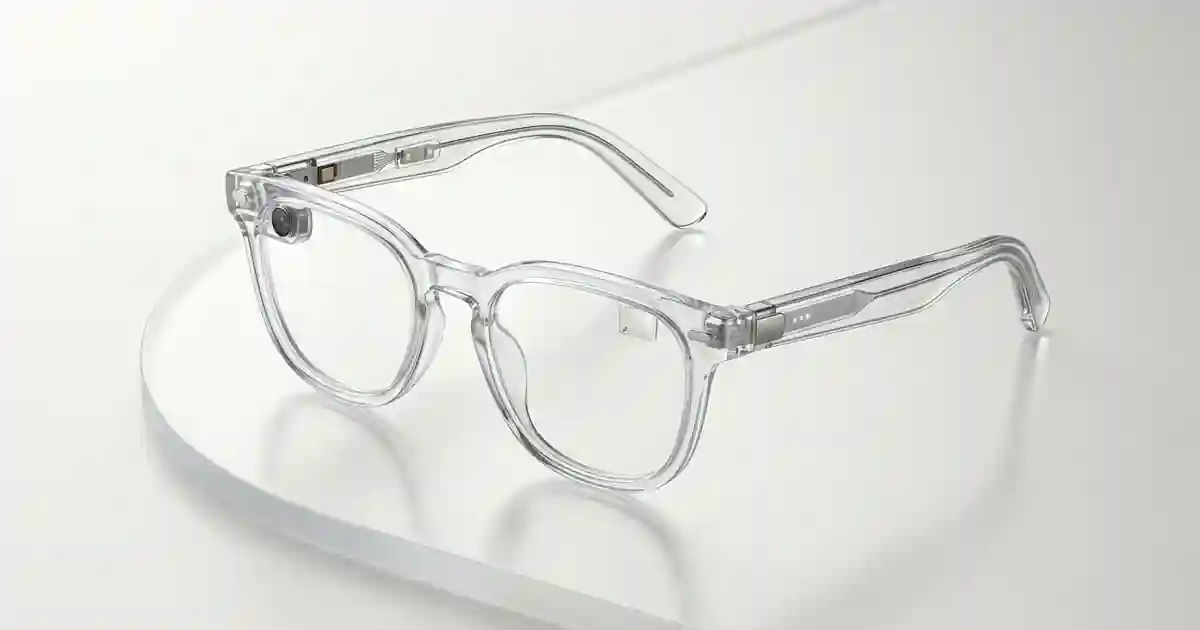 Modern AI smart glasses in a clean studio scene