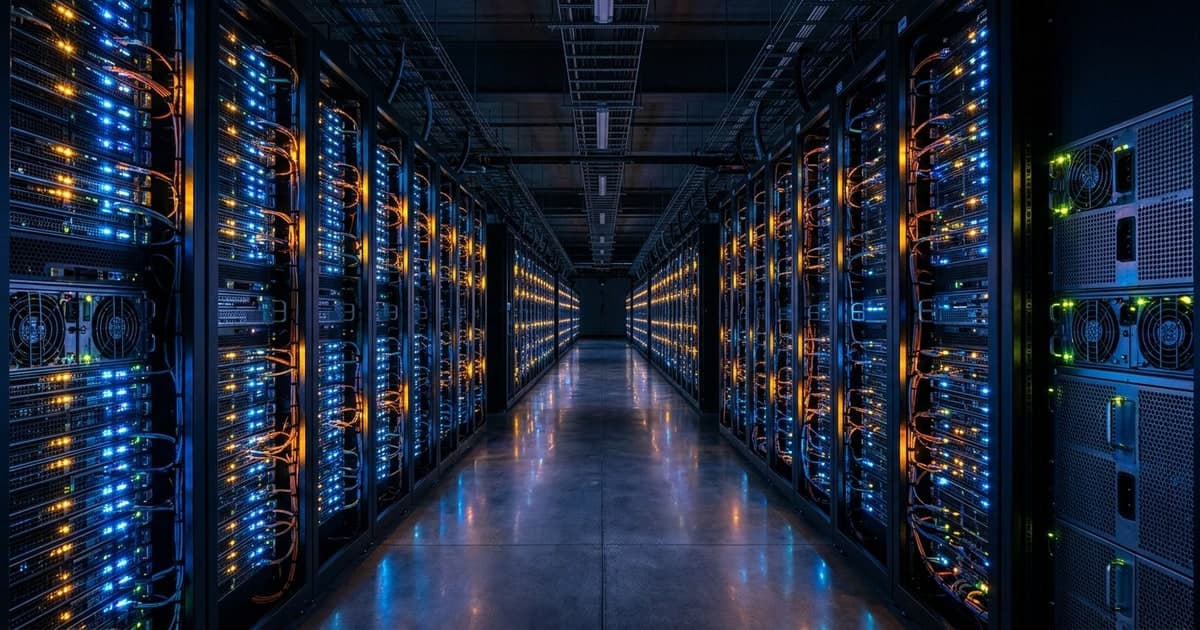 A dramatic data center corridor with glowing server racks in amber and blue light, representing the AI compute scale behind Anthropic's $200 billion Google Cloud commitment
