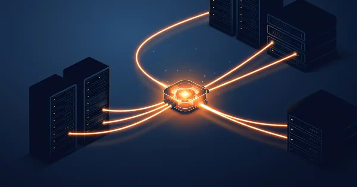 AI data center optical interconnect with glowing light channels