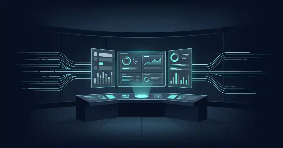 Abstract software engineering workspace with agent workflow nodes and code panels