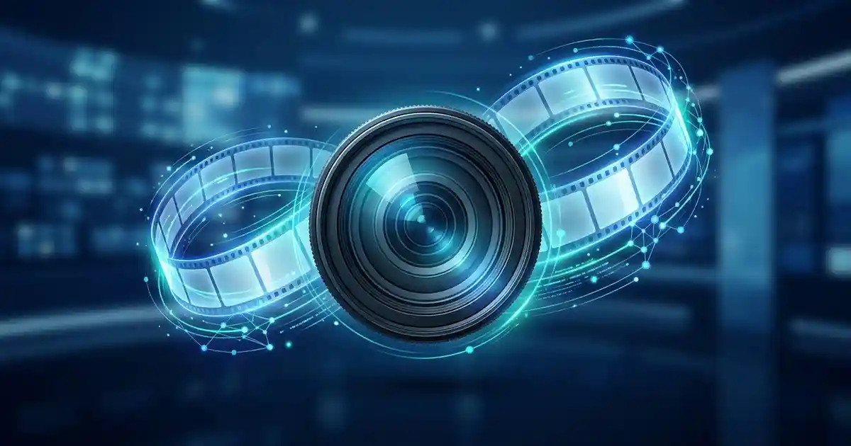 Abstract cinematic AI video generation concept with camera lens and neural light trails