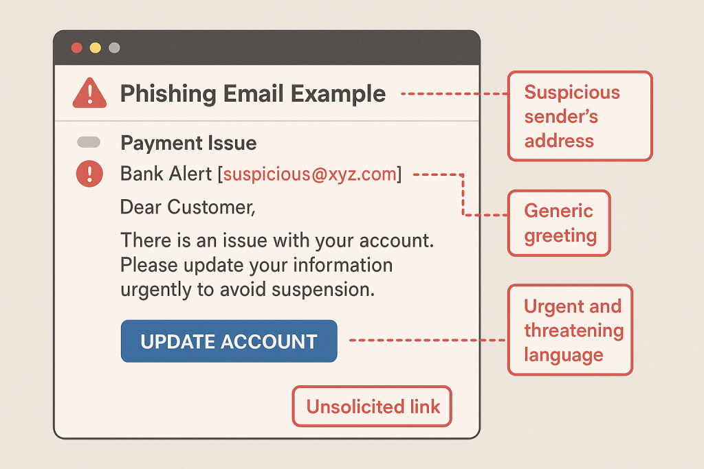 Phishing Email Example with Key Warning Indicators AIntelligence Hub AIntelligence Hub Example of a phishing email with highlighted warning signs such as suspicious sender address generic greeting urgent language and unsolicited link