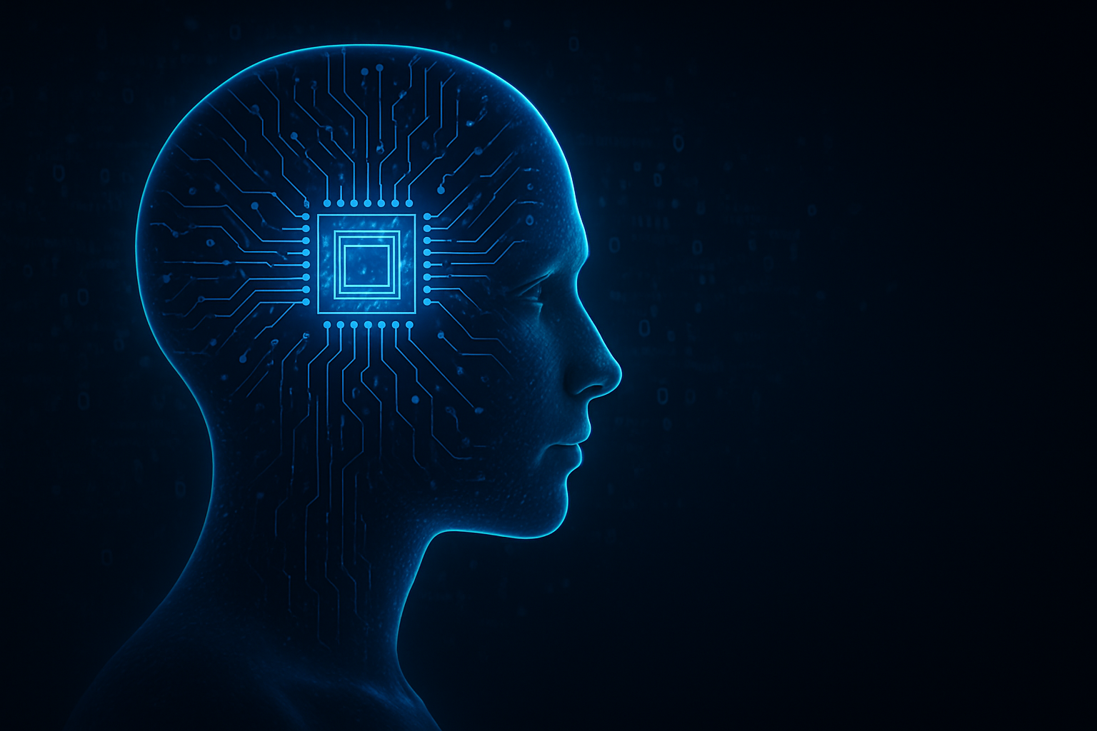 Artificial Intelligence Digital Brain with Circuit Technology AIntelligence Hub Futuristic digital illustration of a human head with a glowing brain microchip and circuit patterns representing artificial intelligence