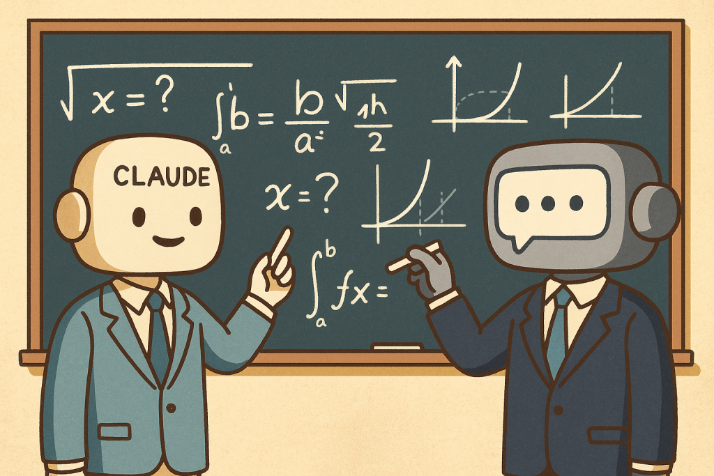 Claude vs ChatGPT for Math AI Assistants in a Classroom Solving Equations AIntelligence Hub AIntelligence Hub Digital illustration of Claude and ChatGPT in a classroom setting solving math problems on a chalkboard